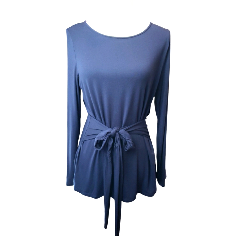 Boden Wrap Front Blouse Size 12 Navy Long Sleeve Scoop Neck